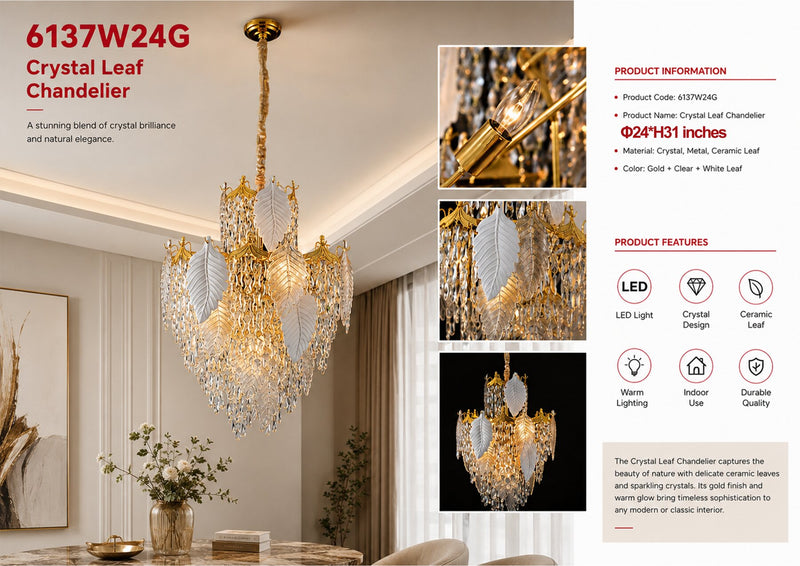 6137W24G 24"X31" MURANO AND PORCELAIN HANDMADE LONG LEAF COMBO CHANDELIER - 210000007849