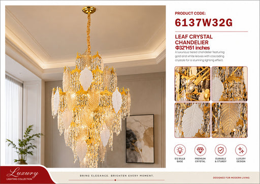6137W32G 32"X51" MURANO AND PORCELAIN HANDMADE LONG LEAF COMBO CHANDELIER - 210000007851