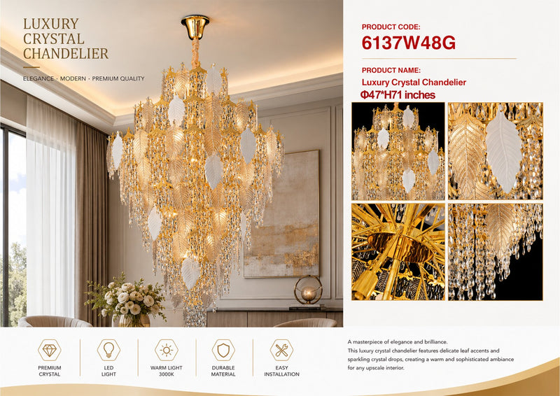 6137W48G 47"X71" MURANO AND PORCELAIN HANDMADE LONG LEAF COMBO CHANDELIER - 210000007853