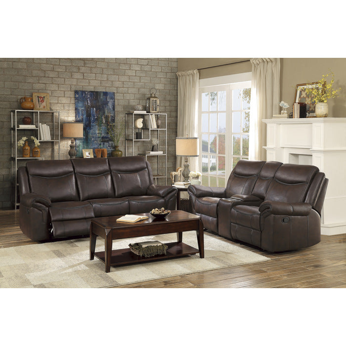 8206BRW-3 Double Reclining Sofa with Center Drop-Down Cup Holders, Receptacles, Hidden Drawer and USB Ports - 8206BRW-3