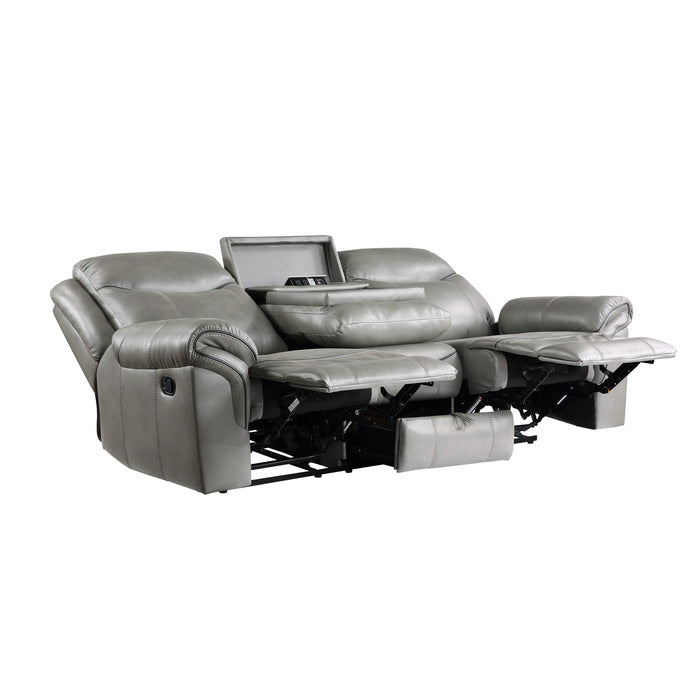 8206GRY-3 Double Reclining Sofa with Center Drop-Down Cup Holders, Receptacles, Hidden Drawer and USB Ports - 8206GRY-3