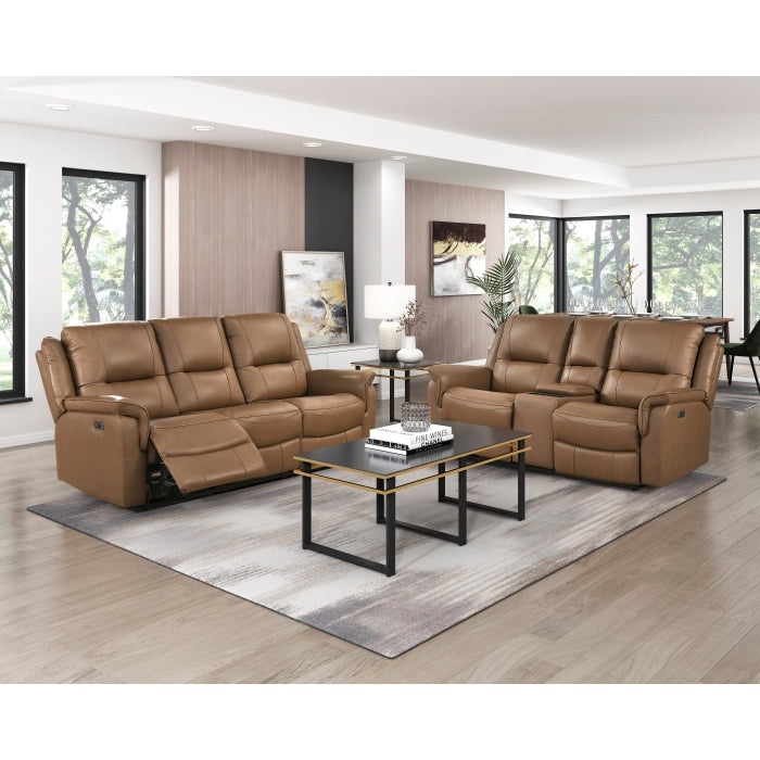 8301BRW-2PW Power Double Reclining Love Seat with Center Console, Hidden Arms Cup Holders, Charging Ports and Wireless Charger - 8301BRW-2PW