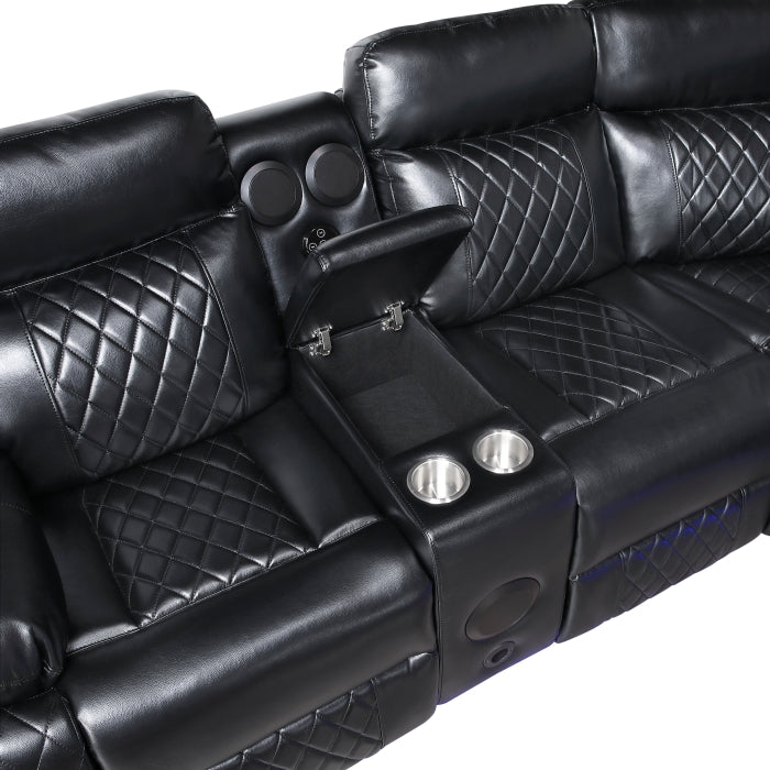 8315BLK*SCPW (3)3-Piece Power Reclining Sectional with Two Consoles, Speakers, Subwoofer, LED Lighting and  Charging Port - 8315BLK*SCPW