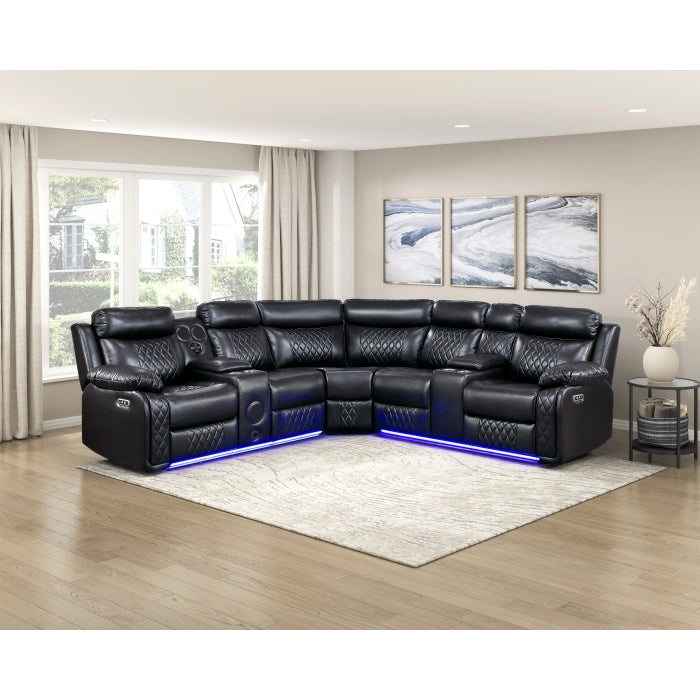 8315BLK*SCPW (3)3-Piece Power Reclining Sectional with Two Consoles, Speakers, Subwoofer, LED Lighting and  Charging Port - 8315BLK*SCPW