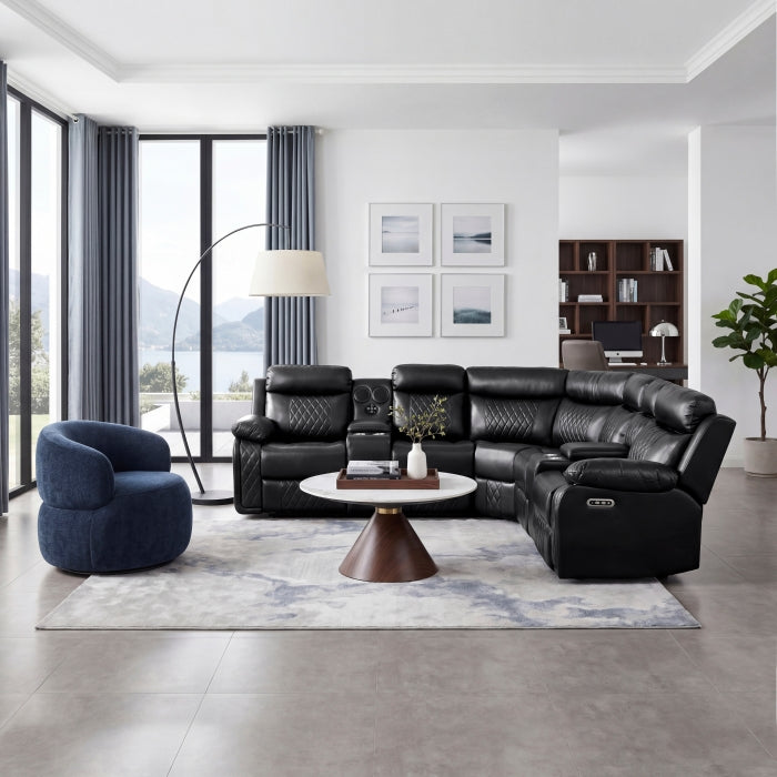 8315BLK*SCPW (3)3-Piece Power Reclining Sectional with Two Consoles, Speakers, Subwoofer, LED Lighting and  Charging Port - 8315BLK*SCPW