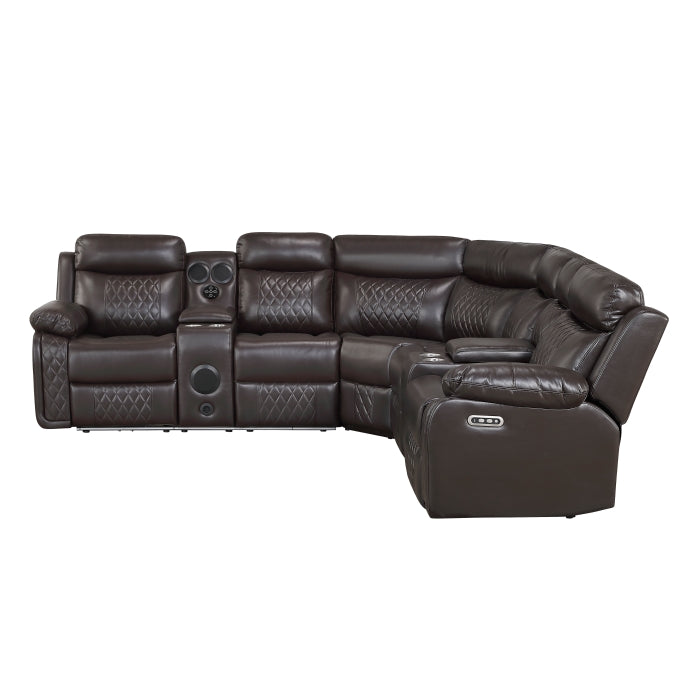8315DBR*SCPW (3)3-Piece Power Reclining Sectional with Two Consoles, Speakers, Subwoofer, LED Lighting and  Charging Port - 8315DBR*SCPW