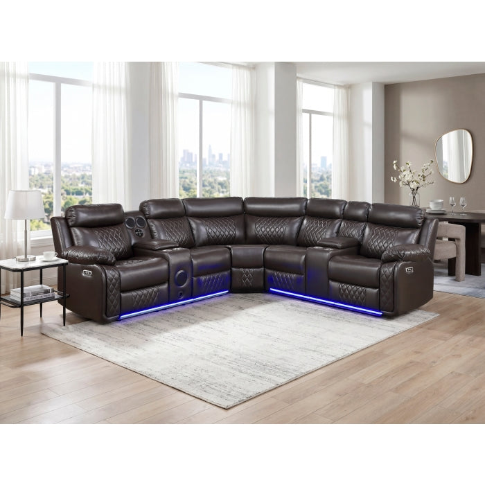 8315DBR*SCPW (3)3-Piece Power Reclining Sectional with Two Consoles, Speakers, Subwoofer, LED Lighting and  Charging Port - 8315DBR*SCPW