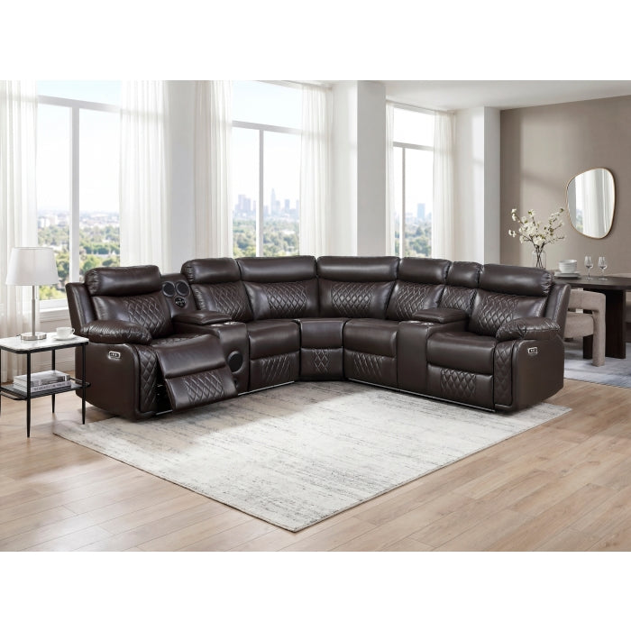 8315DBR*SCPW (3)3-Piece Power Reclining Sectional with Two Consoles, Speakers, Subwoofer, LED Lighting and  Charging Port - 8315DBR*SCPW