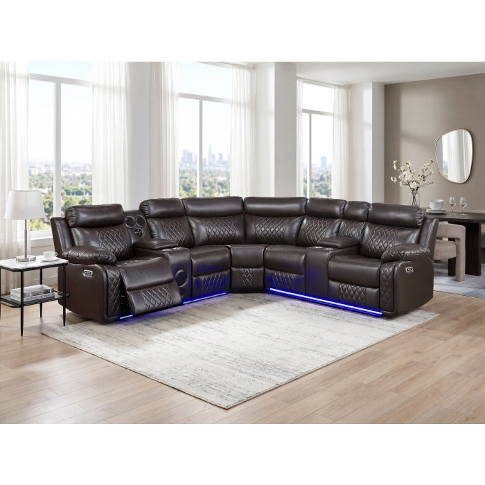 8315DBR*SCPW (3)3-Piece Power Reclining Sectional with Two Consoles, Speakers, Subwoofer, LED Lighting and  Charging Port - 8315DBR*SCPW