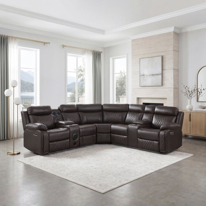 8315DBR*SCPW (3)3-Piece Power Reclining Sectional with Two Consoles, Speakers, Subwoofer, LED Lighting and  Charging Port - 8315DBR*SCPW