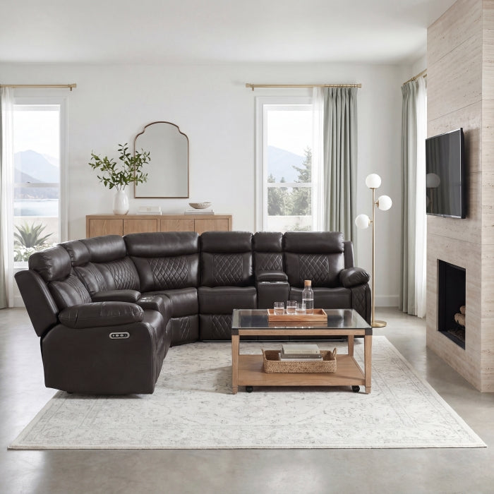 8315DBR*SCPW (3)3-Piece Power Reclining Sectional with Two Consoles, Speakers, Subwoofer, LED Lighting and  Charging Port - 8315DBR*SCPW