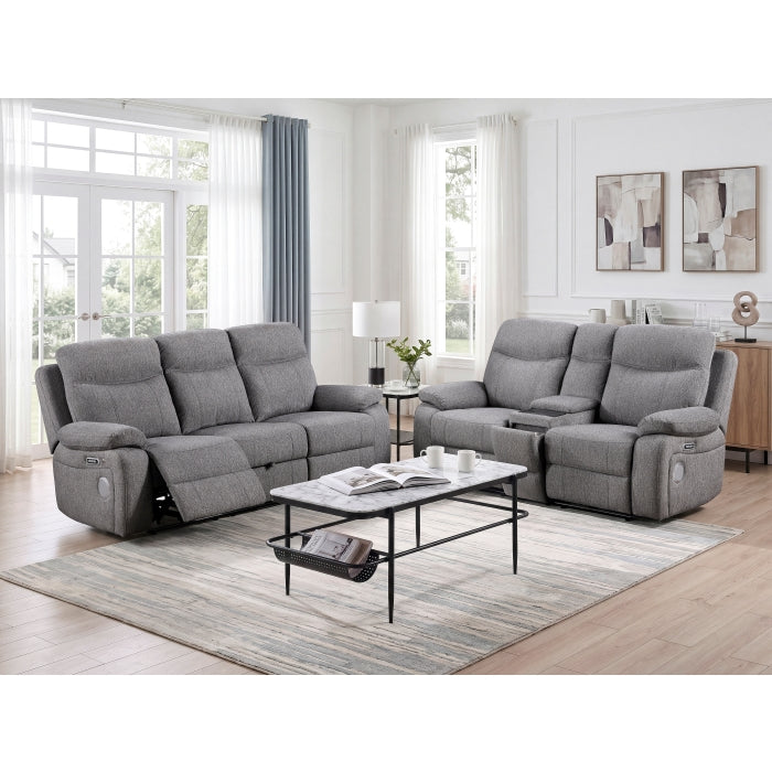 8340GRY-2PWHB Power Double Reclining Love Seat with Center Console, Power Headrests, Power Lumbar Support, Wireless Charger, Hidden Cup Holders, Bluetooth Speakers and Charging Ports - 8340GRY-2PWHB
