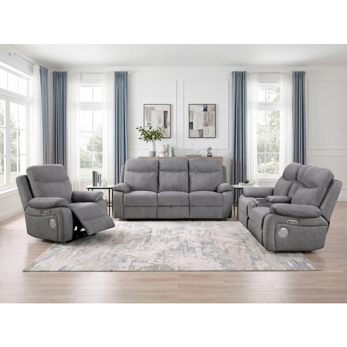 8340GRY-2PWHB Power Double Reclining Love Seat with Center Console, Power Headrests, Power Lumbar Support, Wireless Charger, Hidden Cup Holders, Bluetooth Speakers and Charging Ports - 8340GRY-2PWHB