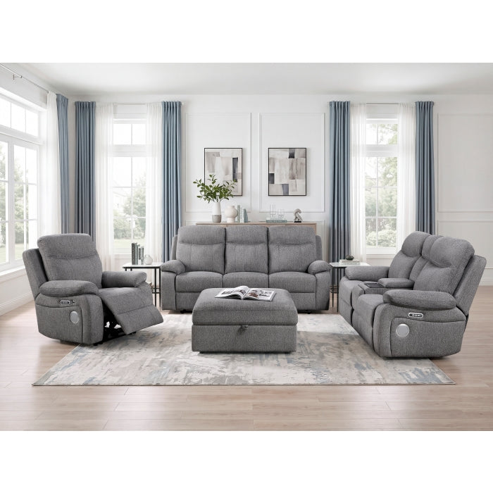 8340GRY-3PWHB Power Double Reclining Sofa with Center Drop-down Cup Holders, Power Headrests, Power Lumbar Support, Wireless Charger, Bluetooth Speakers, Hidden Drawer and Charging Ports - 8340GRY-3PWHB