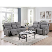 8340GRY-3PWHB Power Double Reclining Sofa with Center Drop-down Cup Holders, Power Headrests, Power Lumbar Support, Wireless Charger, Bluetooth Speakers, Hidden Drawer and Charging Ports - 8340GRY-3PWHB