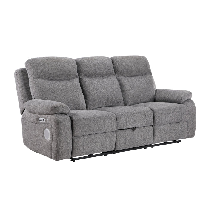 8340GRY-3PWHB Power Double Reclining Sofa with Center Drop-down Cup Holders, Power Headrests, Power Lumbar Support, Wireless Charger, Bluetooth Speakers, Hidden Drawer and Charging Ports - 8340GRY-3PWHB