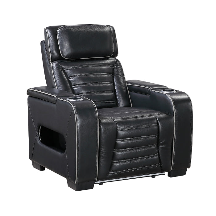 8344BLK-1PWHM Power Reclining Chair with Power Headrest, Cup holder, Storage Arms(Top and Side), Air Massage, Heat, LED Lighting and Charging Ports - 8344BLK-1PWHM