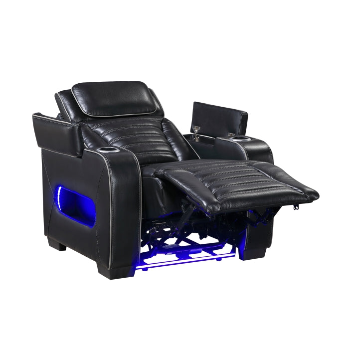 8344BLK-1PWHM Power Reclining Chair with Power Headrest, Cup holder, Storage Arms(Top and Side), Air Massage, Heat, LED Lighting and Charging Ports - 8344BLK-1PWHM