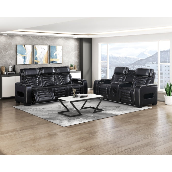 8344BLK-2PWHM Power Double Reclining Love Seat with Center Console, Power Headrests, Storage Arms(Top and Side) ,Cup Holders, Wireless Speakers with Sub-Woofer, Air Massage, Heat, LED Lighting and Charging Ports - 8344BLK-2PWHM