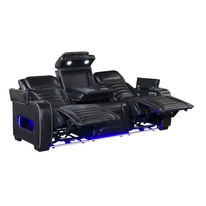 8344BLK-3PWHM Power Double Reclining Sofa with Center Drop-Down Cup Holders, Power Headrests,  Storage Arms(Top and Side) ,Cup holders, Reading Lights, Wireless Charger, Air Massage, Heat,  LED Lighting and Charging Ports - 8344BLK-3PWHM