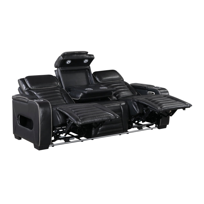 8344BLK-3PWHM Power Double Reclining Sofa with Center Drop-Down Cup Holders, Power Headrests,  Storage Arms(Top and Side) ,Cup holders, Reading Lights, Wireless Charger, Air Massage, Heat,  LED Lighting and Charging Ports - 8344BLK-3PWHM