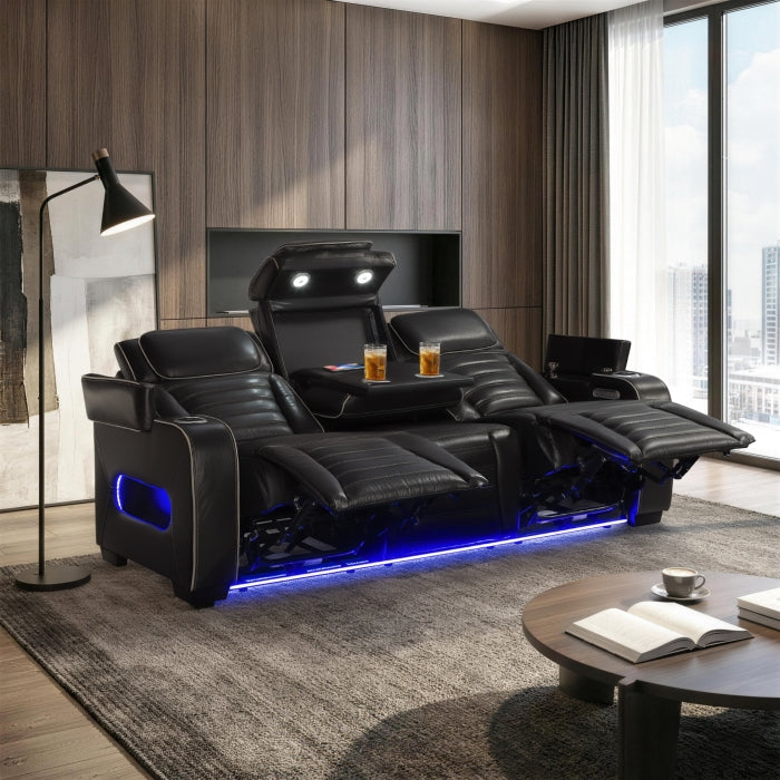 8344BLK-3PWHM Power Double Reclining Sofa with Center Drop-Down Cup Holders, Power Headrests,  Storage Arms(Top and Side) ,Cup holders, Reading Lights, Wireless Charger, Air Massage, Heat,  LED Lighting and Charging Ports - 8344BLK-3PWHM