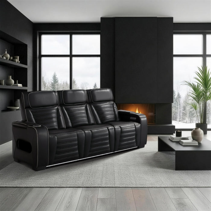 8344BLK-3PWHM Power Double Reclining Sofa with Center Drop-Down Cup Holders, Power Headrests,  Storage Arms(Top and Side) ,Cup holders, Reading Lights, Wireless Charger, Air Massage, Heat,  LED Lighting and Charging Ports - 8344BLK-3PWHM