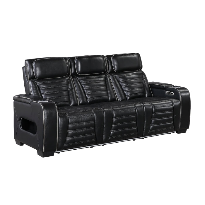 8344BLK-3PWHM Power Double Reclining Sofa with Center Drop-Down Cup Holders, Power Headrests,  Storage Arms(Top and Side) ,Cup holders, Reading Lights, Wireless Charger, Air Massage, Heat,  LED Lighting and Charging Ports - 8344BLK-3PWHM