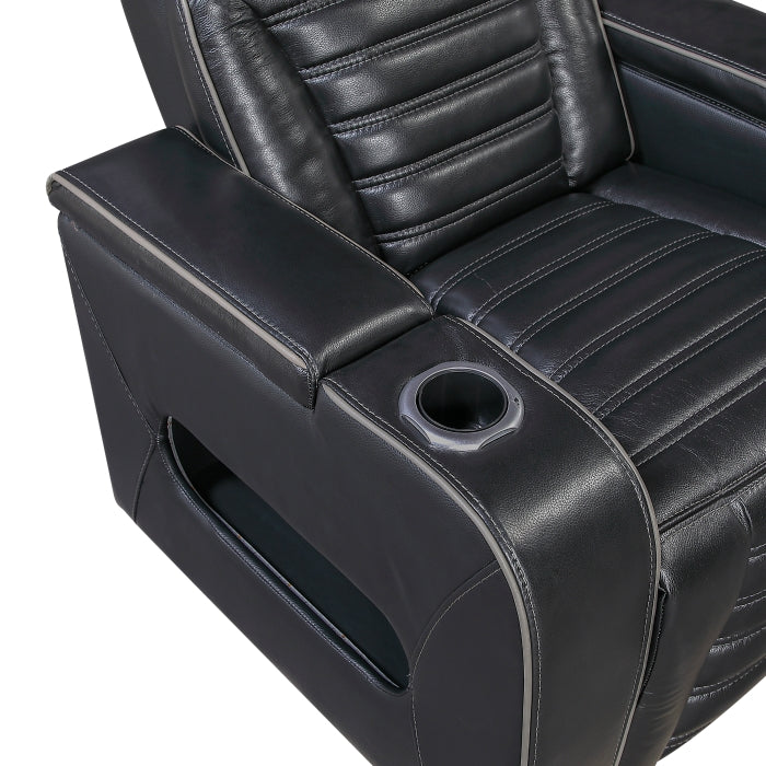 8344BLK-3PWHM Power Double Reclining Sofa with Center Drop-Down Cup Holders, Power Headrests,  Storage Arms(Top and Side) ,Cup holders, Reading Lights, Wireless Charger, Air Massage, Heat,  LED Lighting and Charging Ports - 8344BLK-3PWHM