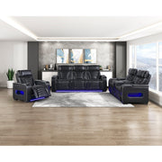 8344BLK-3PWHM Power Double Reclining Sofa with Center Drop-Down Cup Holders, Power Headrests,  Storage Arms(Top and Side) ,Cup holders, Reading Lights, Wireless Charger, Air Massage, Heat,  LED Lighting and Charging Ports - 8344BLK-3PWHM