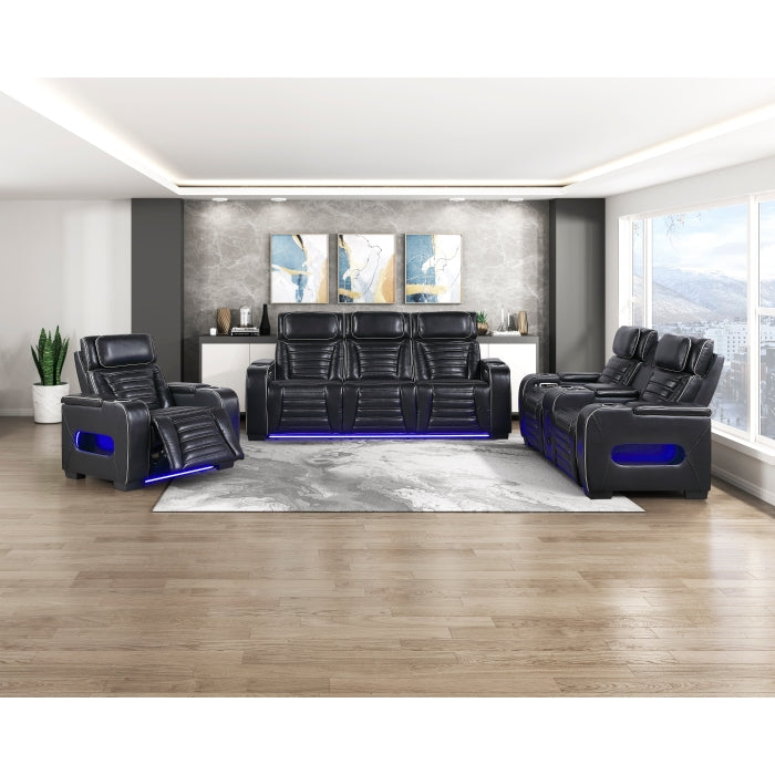 8344BLK-3PWHM Power Double Reclining Sofa with Center Drop-Down Cup Holders, Power Headrests,  Storage Arms(Top and Side) ,Cup holders, Reading Lights, Wireless Charger, Air Massage, Heat,  LED Lighting and Charging Ports - 8344BLK-3PWHM