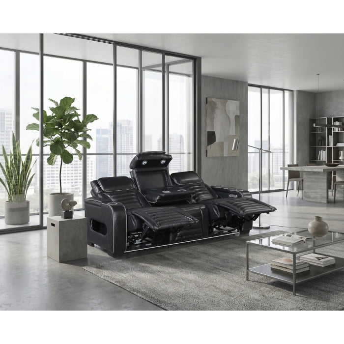 8344BLK-3PWHM Power Double Reclining Sofa with Center Drop-Down Cup Holders, Power Headrests,  Storage Arms(Top and Side) ,Cup holders, Reading Lights, Wireless Charger, Air Massage, Heat,  LED Lighting and Charging Ports - 8344BLK-3PWHM
