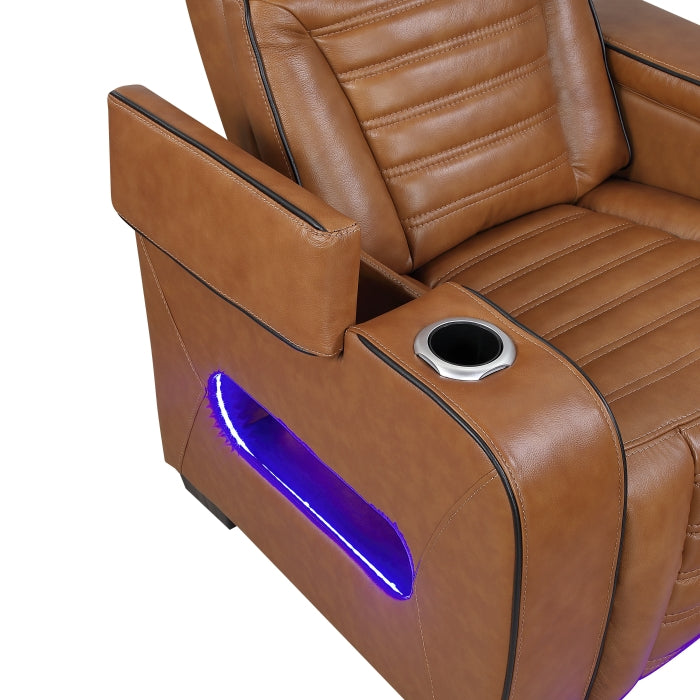 8344BRW-1PWHM Power Reclining Chair with Power Headrest, Cup holder, Storage Arms(Top and Side), Air Massage, Heat, LED Lighting and Charging Ports - 8344BRW-1PWHM