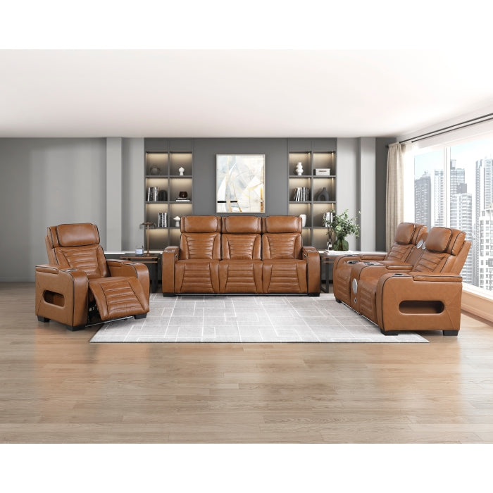 8344BRW-2PWHM Power Double Reclining Love Seat with Center Console, Power Headrests, Storage Arms(Top and Side) ,Cup Holders, Wireless Speakers with Sub-Woofer, Air Massage, Heat, LED Lighting and Charging Ports - 8344BRW-2PWHM