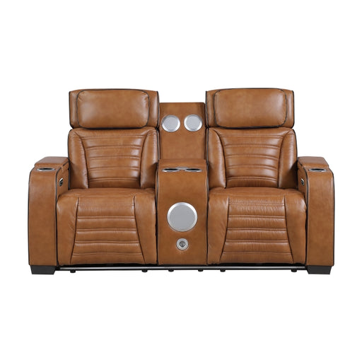 8344BRW-2PWHM Power Double Reclining Love Seat with Center Console, Power Headrests, Storage Arms(Top and Side) ,Cup Holders, Wireless Speakers with Sub-Woofer, Air Massage, Heat, LED Lighting and Charging Ports - 8344BRW-2PWHM