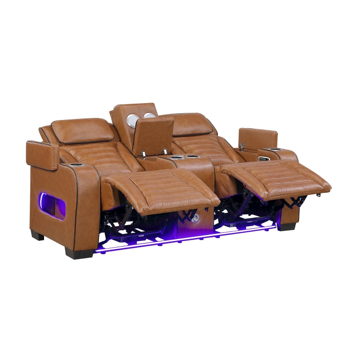 8344BRW-2PWHM Power Double Reclining Love Seat with Center Console, Power Headrests, Storage Arms(Top and Side) ,Cup Holders, Wireless Speakers with Sub-Woofer, Air Massage, Heat, LED Lighting and Charging Ports - 8344BRW-2PWHM