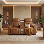 8344BRW-2PWHM Power Double Reclining Love Seat with Center Console, Power Headrests, Storage Arms(Top and Side) ,Cup Holders, Wireless Speakers with Sub-Woofer, Air Massage, Heat, LED Lighting and Charging Ports - 8344BRW-2PWHM