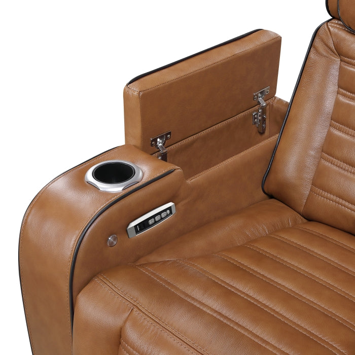 8344BRW-2PWHM Power Double Reclining Love Seat with Center Console, Power Headrests, Storage Arms(Top and Side) ,Cup Holders, Wireless Speakers with Sub-Woofer, Air Massage, Heat, LED Lighting and Charging Ports - 8344BRW-2PWHM