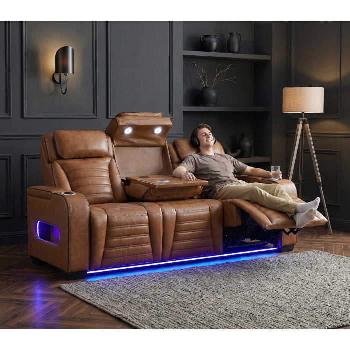 8344BRW-3PWHM Power Double Reclining Sofa with Center Drop-Down Cup Holders, Power Headrests,  Storage Arms(Top and Side) ,Cup holders, Reading Lights, Wireless Charger, Air Massage, Heat,  LED Lighting and Charging Ports - 8344BRW-3PWHM