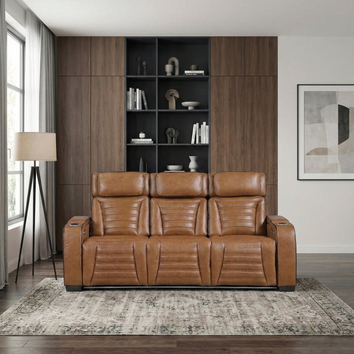 8344BRW-3PWHM Power Double Reclining Sofa with Center Drop-Down Cup Holders, Power Headrests,  Storage Arms(Top and Side) ,Cup holders, Reading Lights, Wireless Charger, Air Massage, Heat,  LED Lighting and Charging Ports - 8344BRW-3PWHM