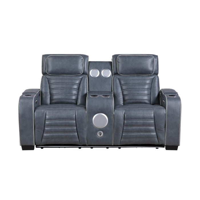 8344BUE-2PWHM Power Double Reclining Love Seat with Center Console, Power Headrests, Storage Arms(Top and Side) ,Cup Holders, Wireless Speakers with Sub-Woofer, Air Massage, Heat, LED Lighting and Charging Ports - 8344BUE-2PWHM