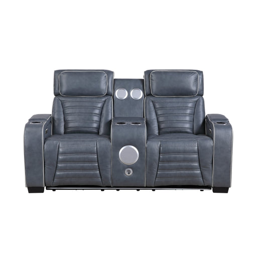 8344BUE-2PWHM Power Double Reclining Love Seat with Center Console, Power Headrests, Storage Arms(Top and Side) ,Cup Holders, Wireless Speakers with Sub-Woofer, Air Massage, Heat, LED Lighting and Charging Ports - 8344BUE-2PWHM