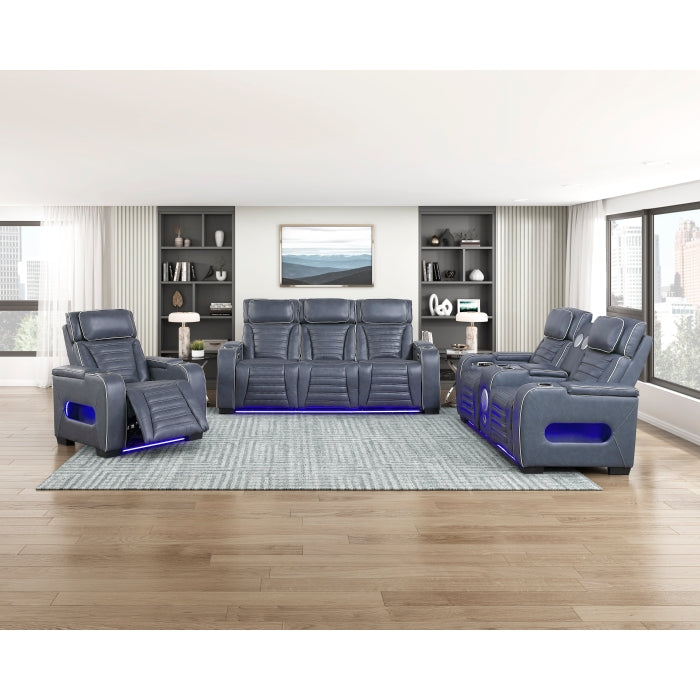 8344BUE-2PWHM Power Double Reclining Love Seat with Center Console, Power Headrests, Storage Arms(Top and Side) ,Cup Holders, Wireless Speakers with Sub-Woofer, Air Massage, Heat, LED Lighting and Charging Ports - 8344BUE-2PWHM
