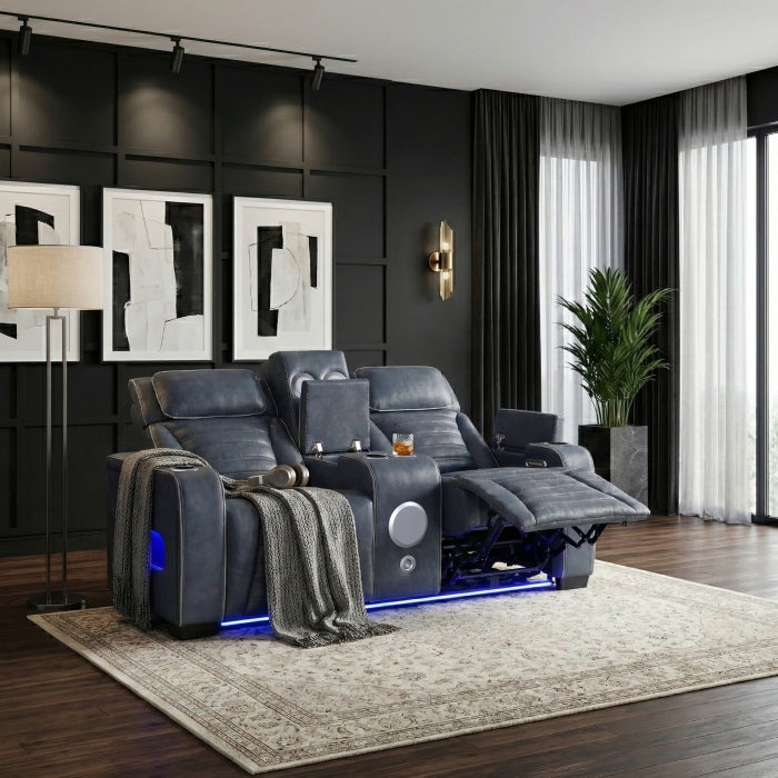 8344BUE-2PWHM Power Double Reclining Love Seat with Center Console, Power Headrests, Storage Arms(Top and Side) ,Cup Holders, Wireless Speakers with Sub-Woofer, Air Massage, Heat, LED Lighting and Charging Ports - 8344BUE-2PWHM