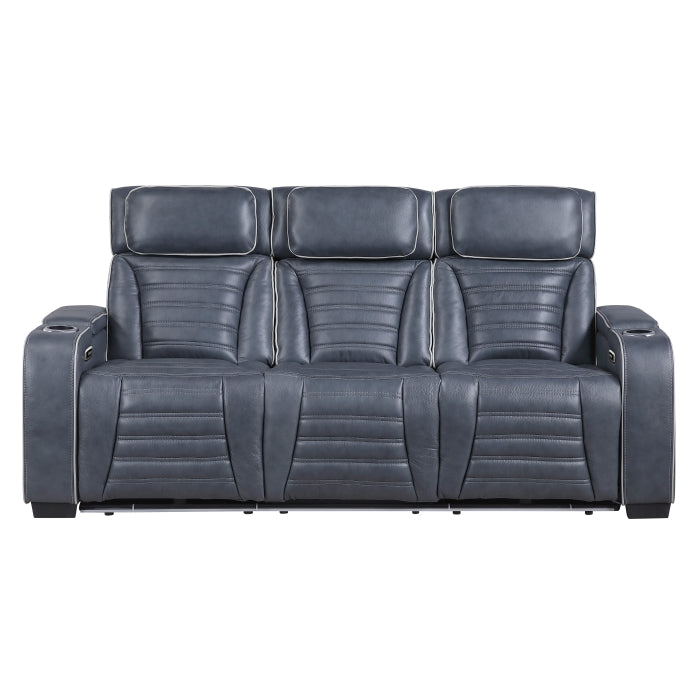 8344BUE-3PWHM Power Double Reclining Sofa with Center Drop-Down Cup Holders, Power Headrests,  Storage Arms(Top and Side) ,Cup holders, Reading Lights, Wireless Charger, Air Massage, Heat,  LED Lighting and Charging Ports - 8344BUE-3PWHM