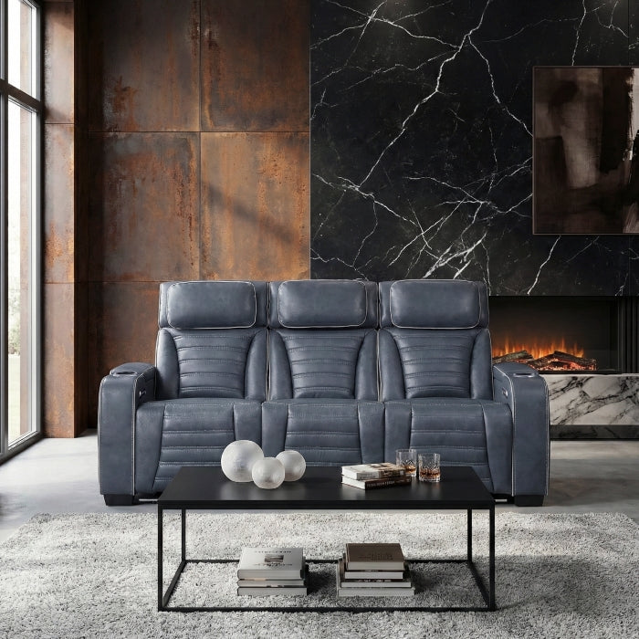 8344BUE-3PWHM Power Double Reclining Sofa with Center Drop-Down Cup Holders, Power Headrests,  Storage Arms(Top and Side) ,Cup holders, Reading Lights, Wireless Charger, Air Massage, Heat,  LED Lighting and Charging Ports - 8344BUE-3PWHM