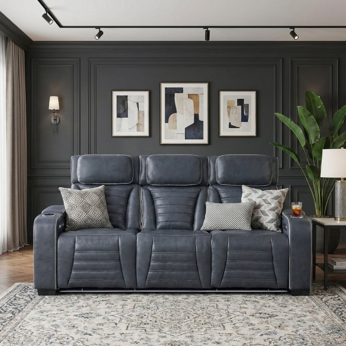 8344BUE-3PWHM Power Double Reclining Sofa with Center Drop-Down Cup Holders, Power Headrests,  Storage Arms(Top and Side) ,Cup holders, Reading Lights, Wireless Charger, Air Massage, Heat,  LED Lighting and Charging Ports - 8344BUE-3PWHM