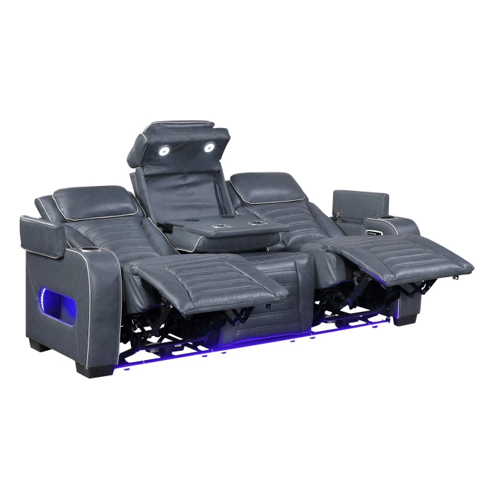 8344BUE-3PWHM Power Double Reclining Sofa with Center Drop-Down Cup Holders, Power Headrests,  Storage Arms(Top and Side) ,Cup holders, Reading Lights, Wireless Charger, Air Massage, Heat,  LED Lighting and Charging Ports - 8344BUE-3PWHM