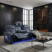 8344BUE-3PWHM Power Double Reclining Sofa with Center Drop-Down Cup Holders, Power Headrests,  Storage Arms(Top and Side) ,Cup holders, Reading Lights, Wireless Charger, Air Massage, Heat,  LED Lighting and Charging Ports - 8344BUE-3PWHM