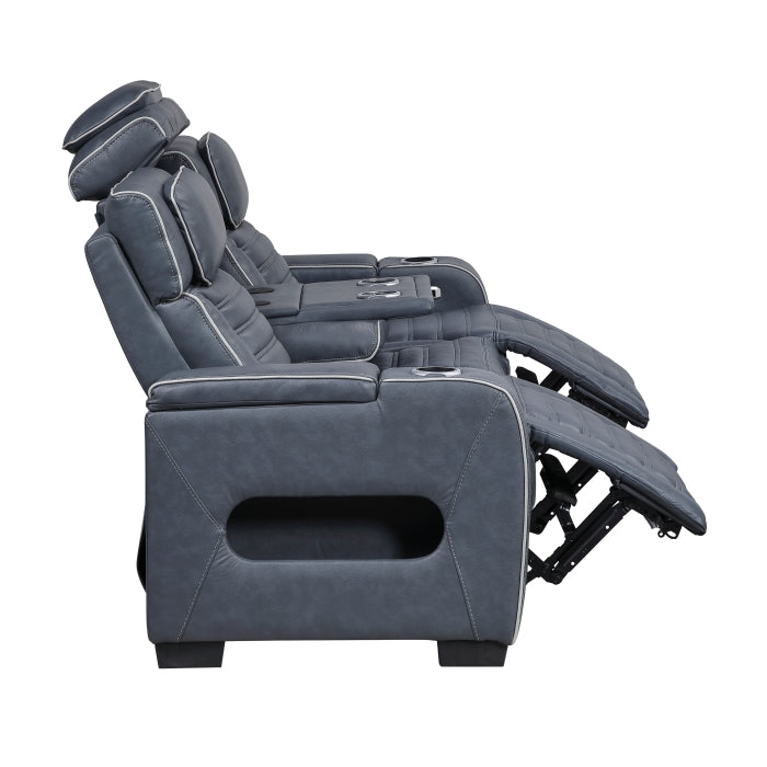 8344BUE-3PWHM Power Double Reclining Sofa with Center Drop-Down Cup Holders, Power Headrests,  Storage Arms(Top and Side) ,Cup holders, Reading Lights, Wireless Charger, Air Massage, Heat,  LED Lighting and Charging Ports - 8344BUE-3PWHM